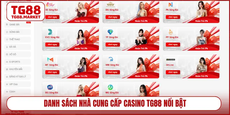 Danh sách nhà cung cấp casino TG88 nổi bật