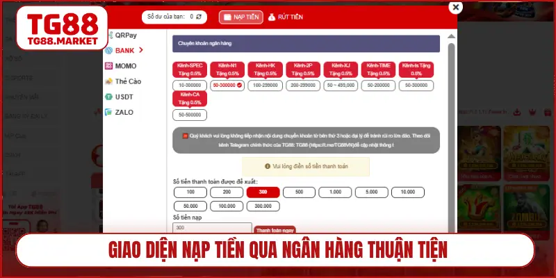 Giao diện nạp tiền qua ngân hàng thuận tiện